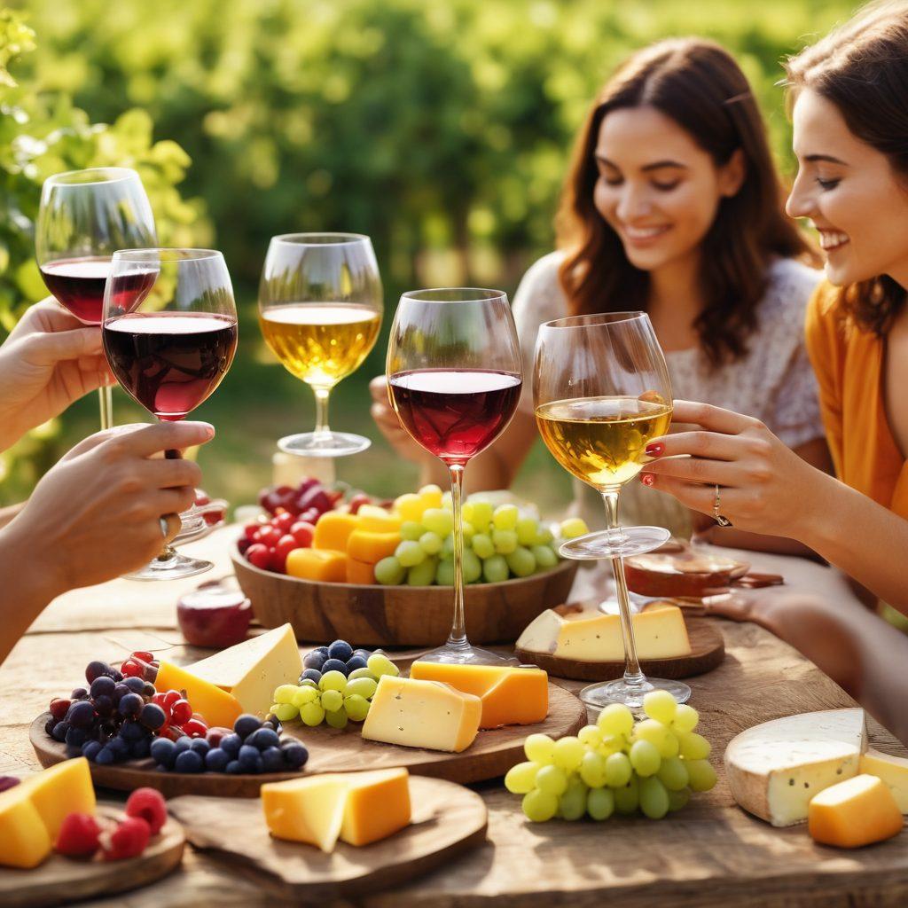 A vibrant scene depicting a diverse group of friends enjoying a sunny outdoor wine tasting. Capture colorful wine glasses filled with various wines, surrounded by lush vineyards. Incorporate cheerful expressions and body positivity with individuals of different shapes and sizes toasting happily. Include a spread of artisanal cheese and fruits on a rustic table, symbolizing celebration. bright colors. super-realistic. sunny atmosphere.